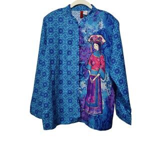 Look East Women's Sz M Linen Blend Asian Inspired Button Front Shirt Lagenlook